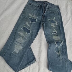 Areopostale Men Jeans Size 32 X 30 Blue Slim Straight Blasted Destressed Demin